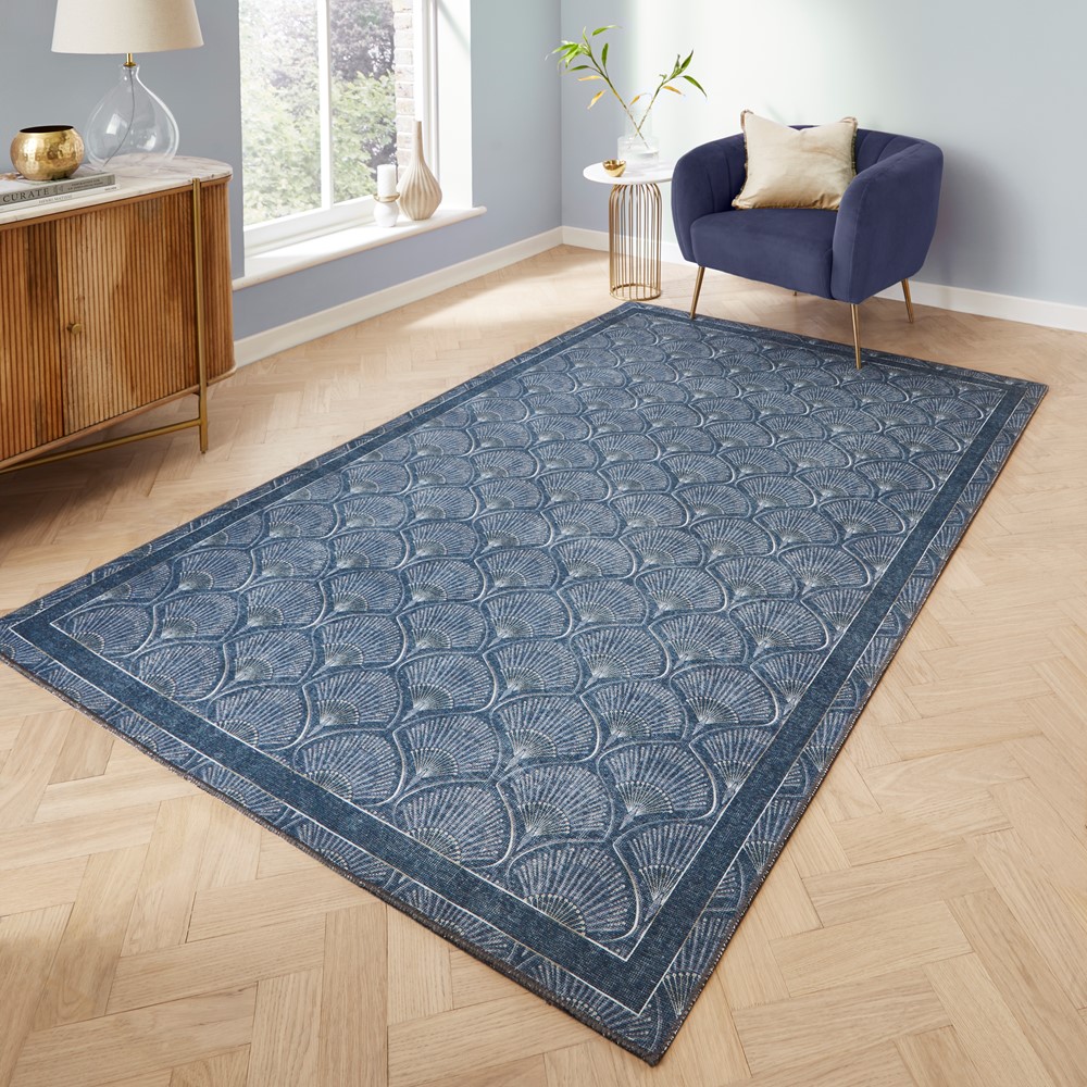 Deco Peacock Modern Washable Rugs by Catherine Lansfield in Blue